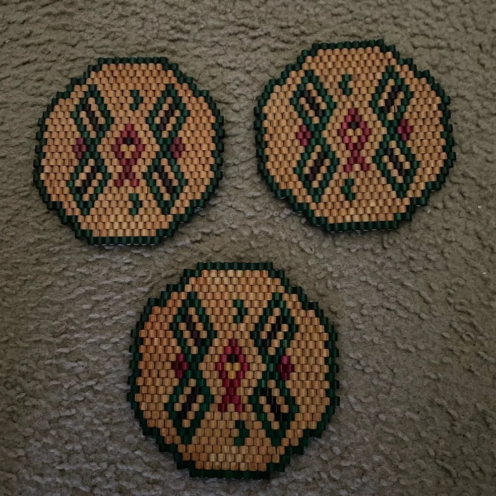 Vintage Set Of 3 Wooden Beaded Geometric Patterned Trivets For Hot Cookware 6in